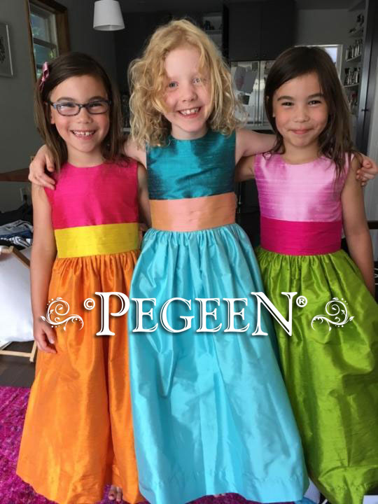 Tangerine orange, Hot Pink Shock and Goldenrod Yellow Flower Girl Dresses Style 383