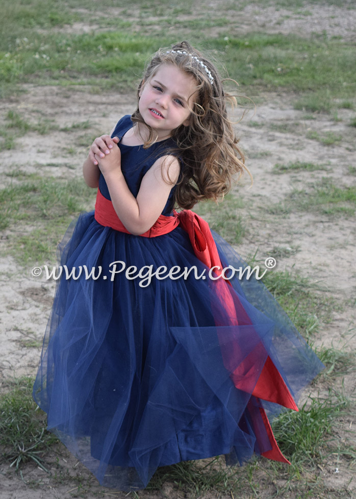 Silk Flower Girl Dress in Navy Blue and Spice red