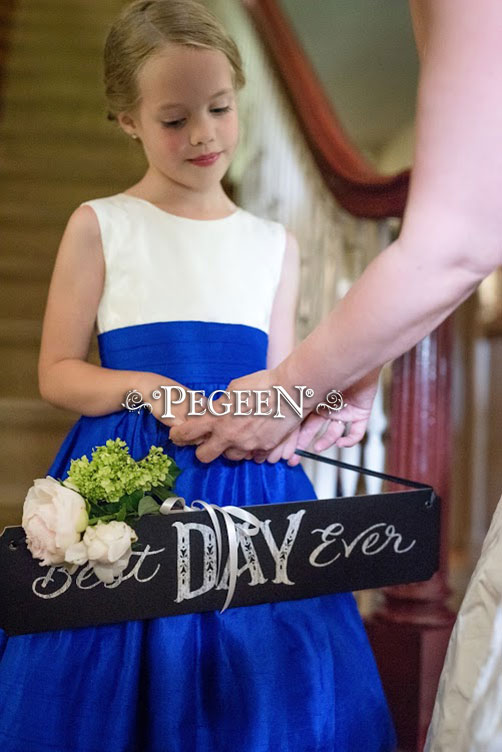 Flower Girl Dress in Sapphire Blue Silk with Chinese Print