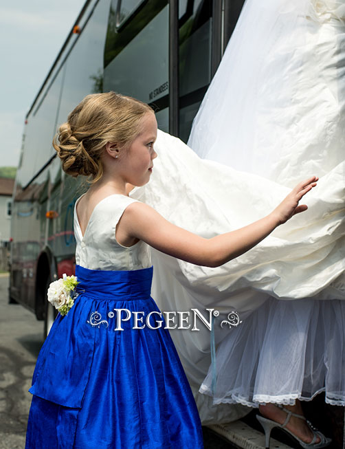 Flower Girl Dress in Sapphire Blue Silk with Chinese Print