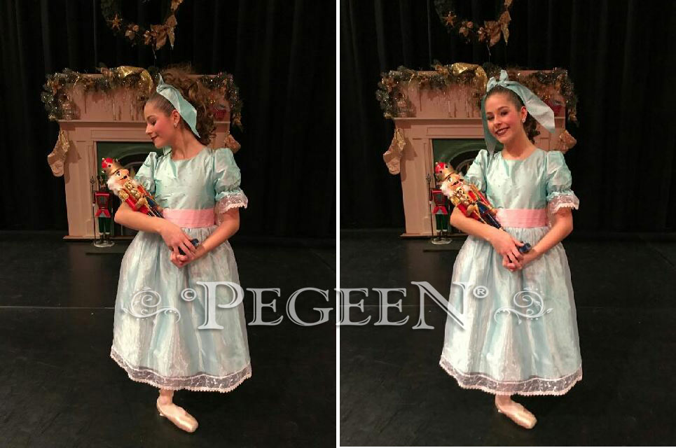 Custom silk Spa Blue and Hibiscus Pink Nutcracker Party Scene Dress Style 703 by Pegeen
