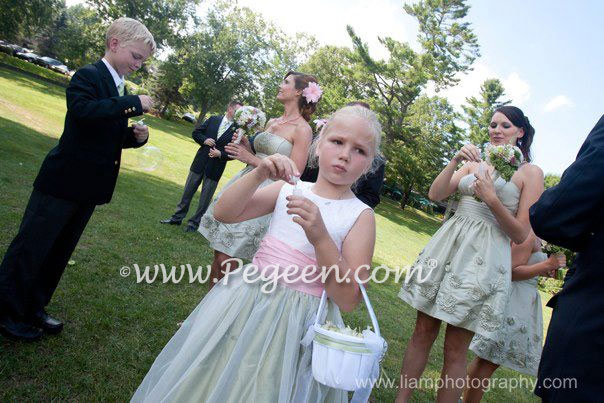 Flower Girl Dress in Hibiscus and Sage Green Silk and Organza