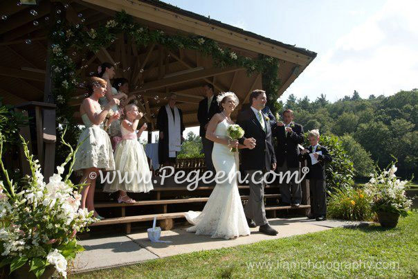 Flower Girl Dress in Hibiscus and Sage Green Silk and Organza