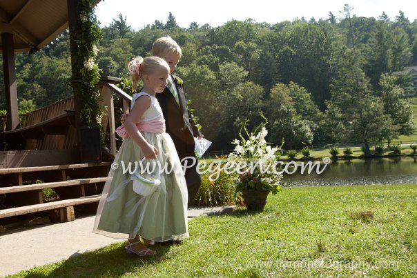 Flower Girl Dress in Hibiscus and Sage Green Silk and Organza