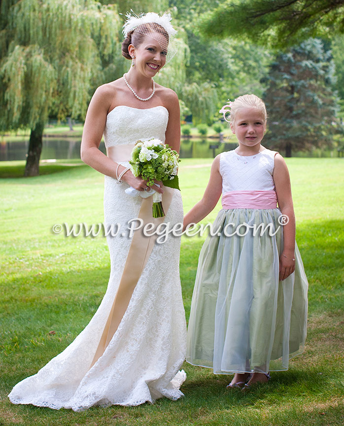 Silk Flower Girl Dress in Spring Green and Peony Pink