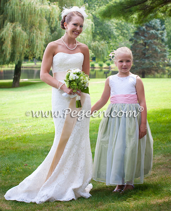 Flower Girl Dress in Hibiscus and Sage Green Silk and Organza