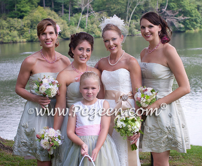 Flower Girl Dress in Hibiscus and Sage Green Silk and Organza