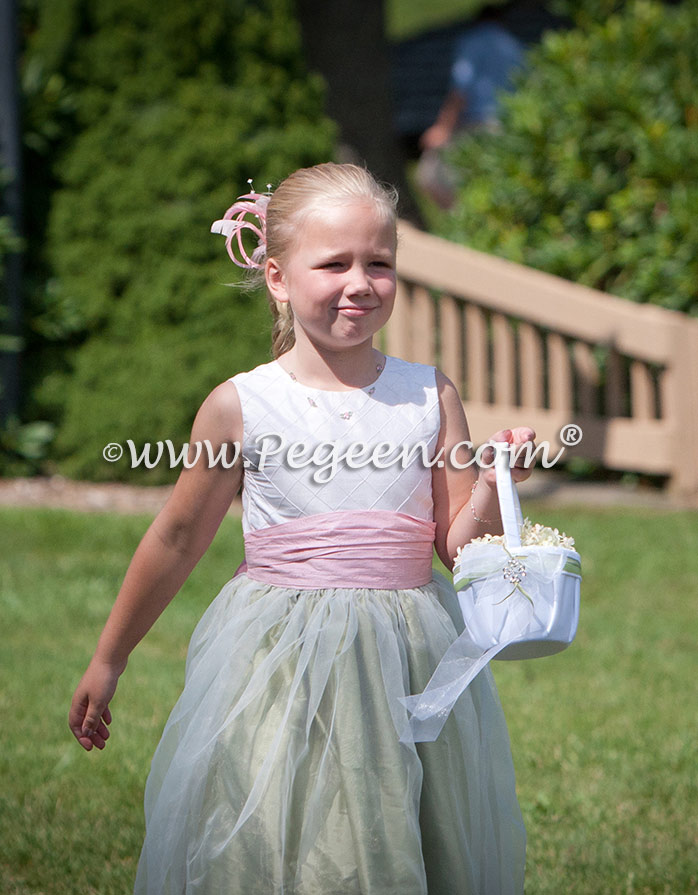 Flower Girl Dress in Hibiscus and Sage Green Silk and Organza