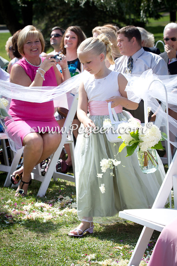 Flower Girl Dress in Hibiscus and Sage Green Silk and Organza