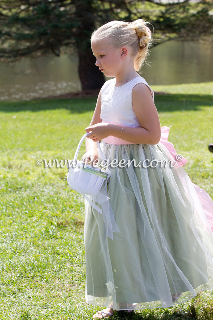 Flower Girl Dress in Hibiscus and Sage Green Silk and Organza