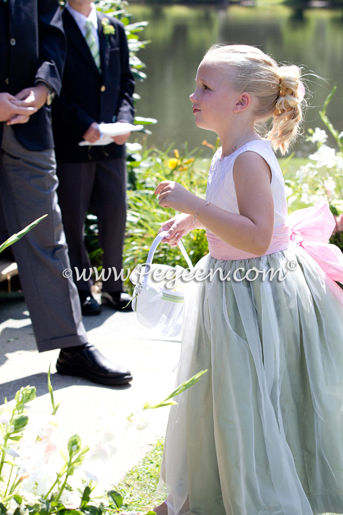 Flower Girl Dress in Hibiscus and Sage Green Silk and Organza