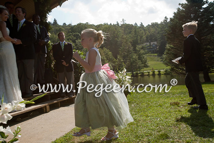 Flower Girl Dress in Hibiscus and Sage Green Silk and Organza