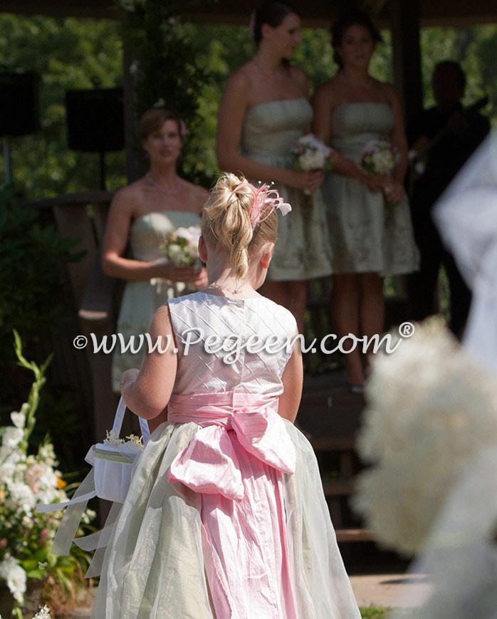 Flower Girl Dress In Hibiscus And Sage Green Silk And Organza Pegeen