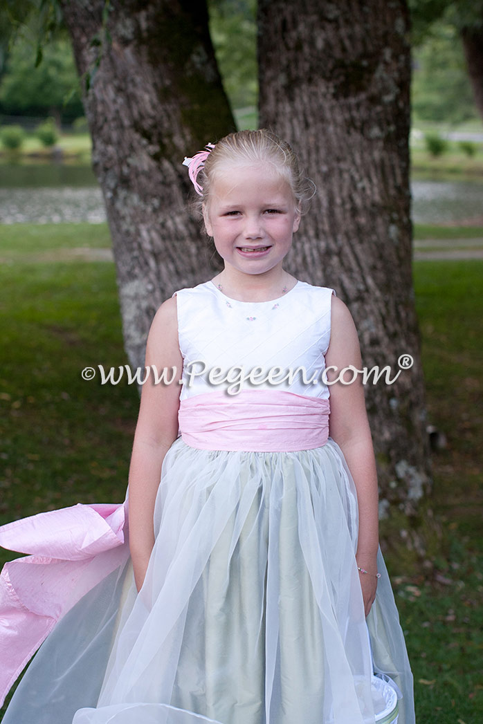 Flower Girl Dress in Hibiscus and Sage Green Silk and Organza