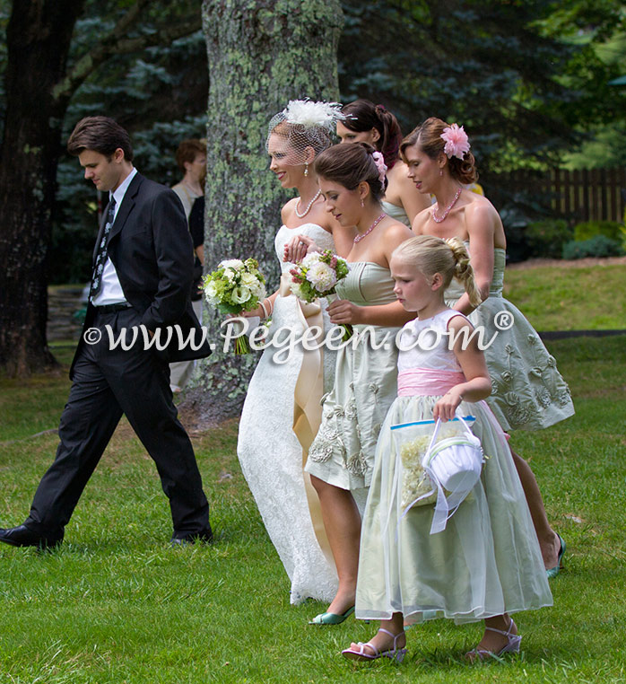 Flower Girl Dress in Hibiscus and Sage Green Silk and Organza