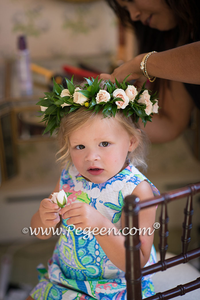 Pegeen.com Toddler Flower Girl in a Pegeen Signature Bustle dress. The style is Style 402