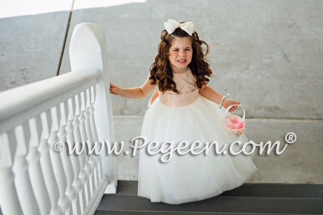 Flower Girl Dresses in Ballet Pink and Ivory with Dew Drop Crystals