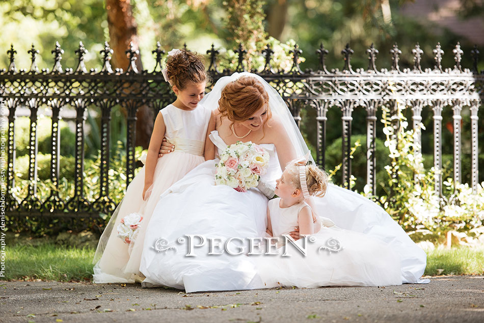 Silk Flower Girl Dresses in Ballet Pink Silk with Signature Bustle