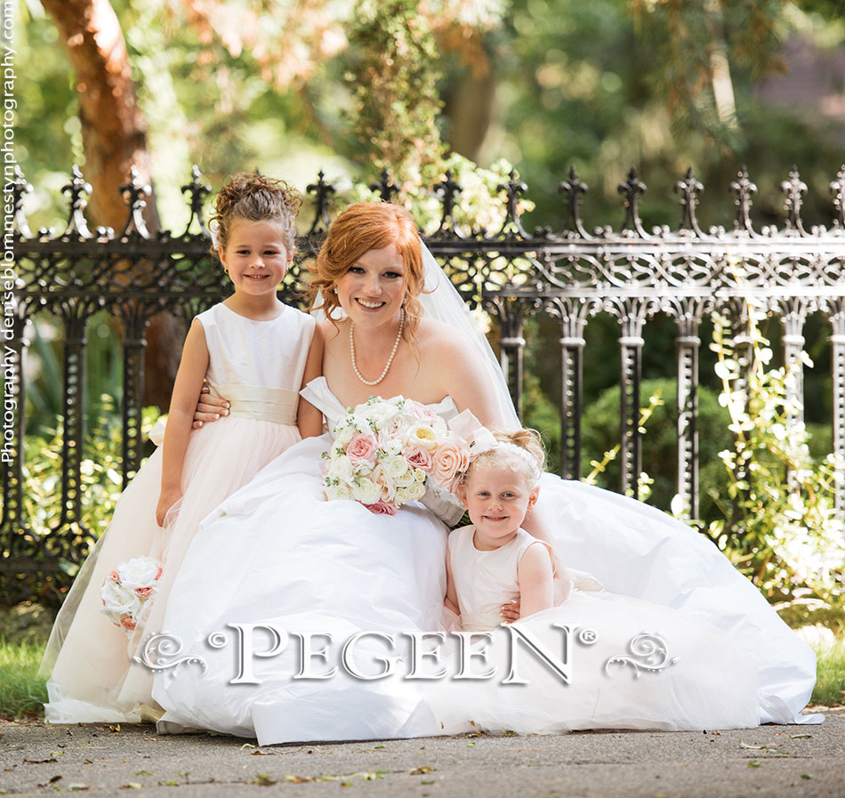 Silk Flower Girl Dresses in Ballet Pink Silk with Signature Bustle