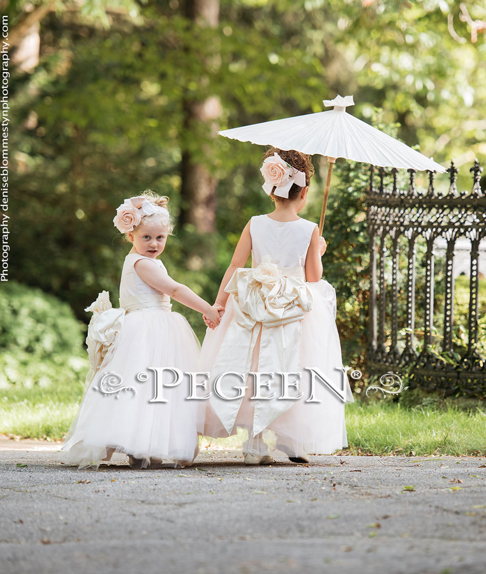 Silk Flower Girl Dresses in Ballet Pink Silk with Signature Bustle