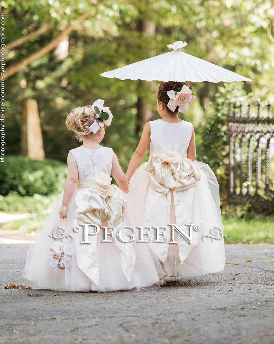 Silk Flower Girl Dresses in Ballet Pink Silk with Signature Bustle