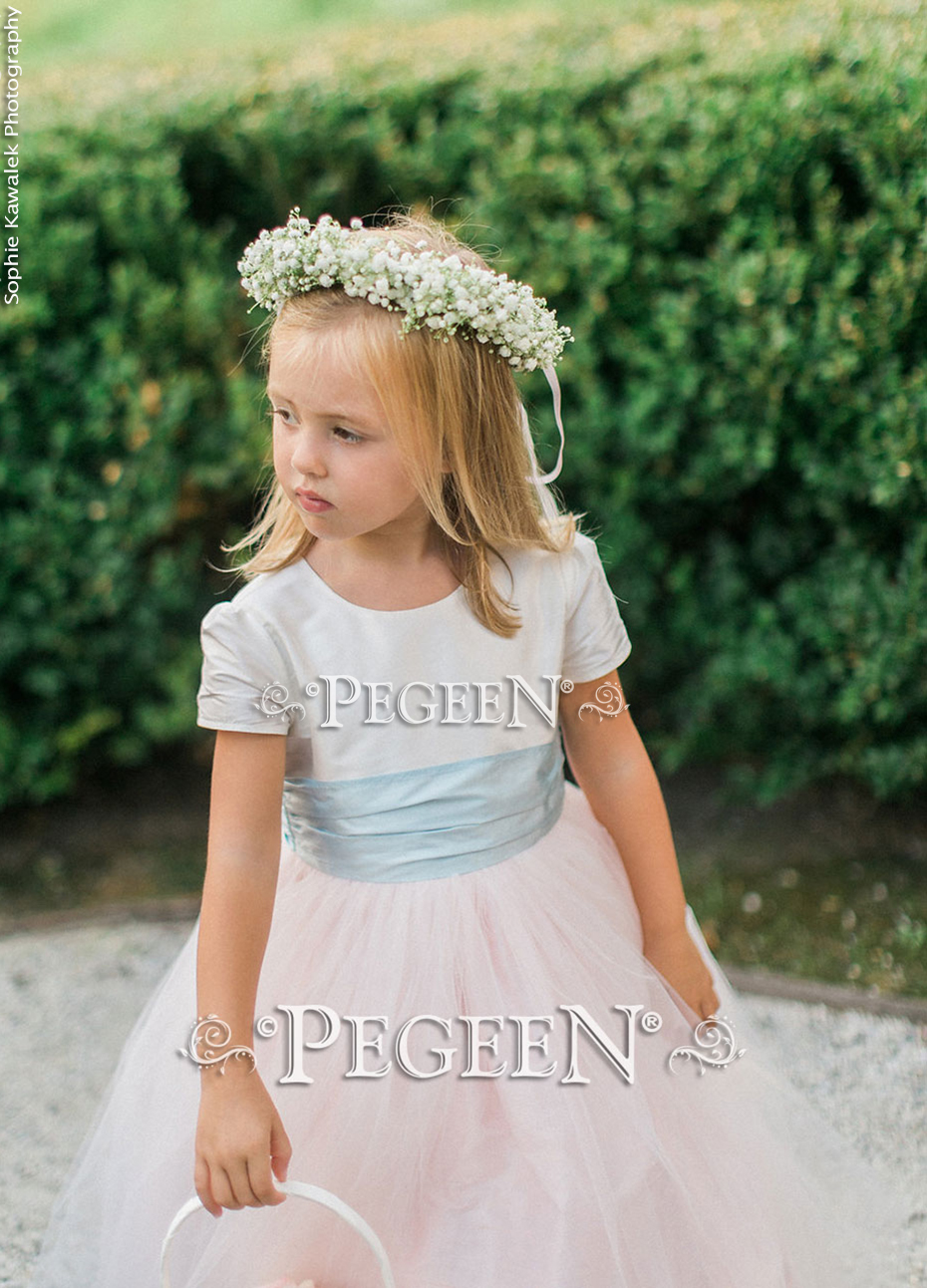 Flower girl dress in custom pink and blue cloud tulle 