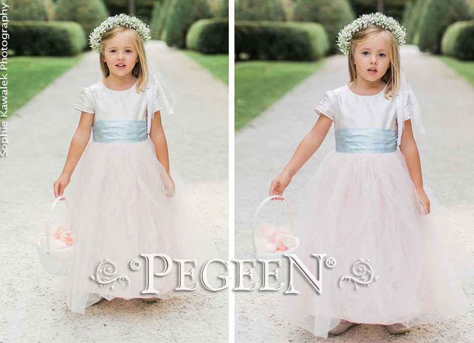 Pastel Blue and Pink Flower Girl Dress Style 356