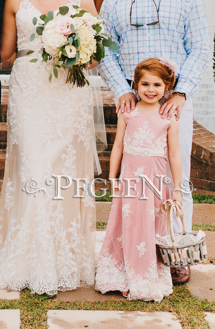 Jr Bridesmaids Dress Covered in Lace, Rum Pink silk | Pegeen