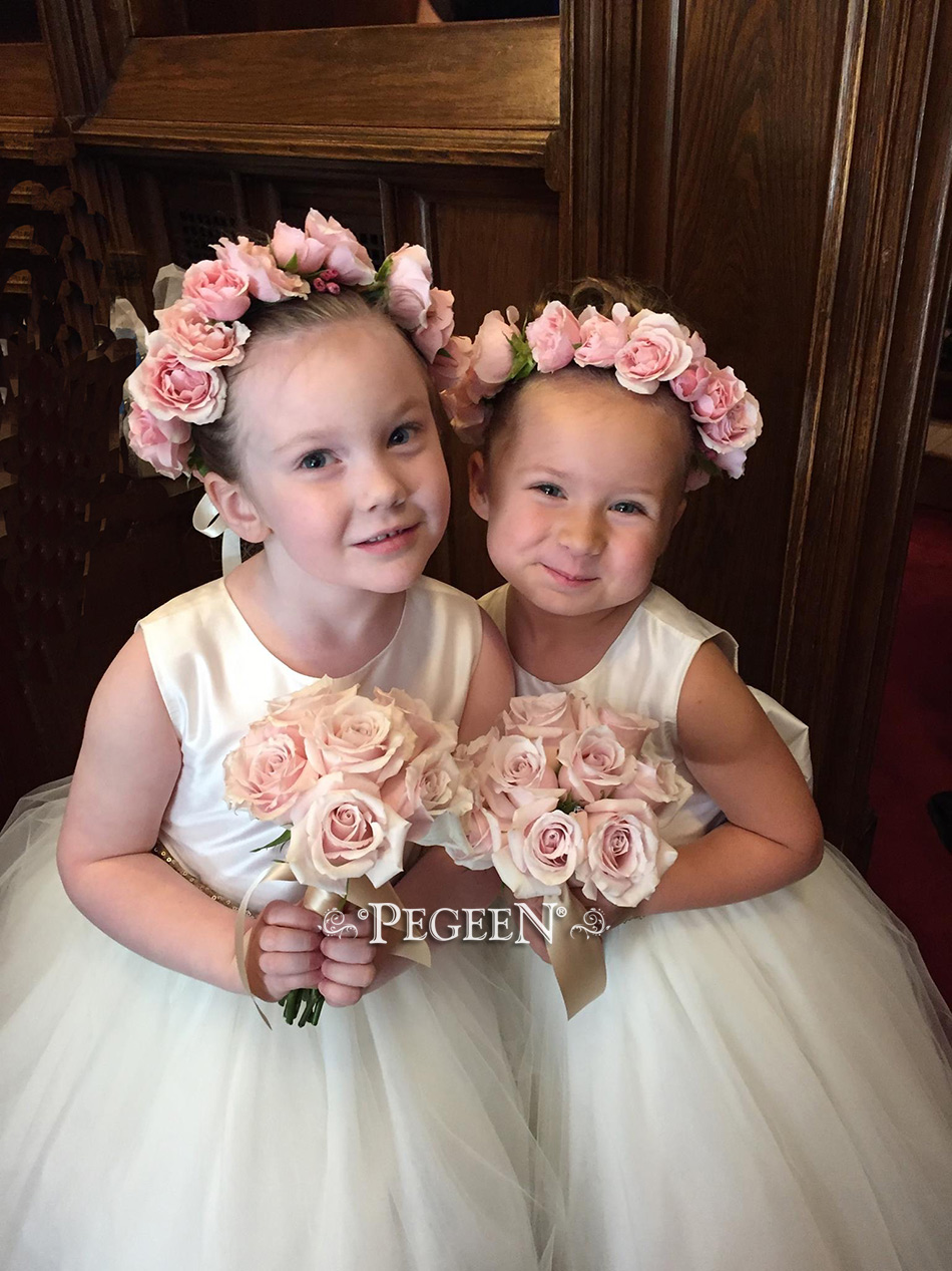 Ivory Flower girl dresses in silk and tulle with just a hint of blush