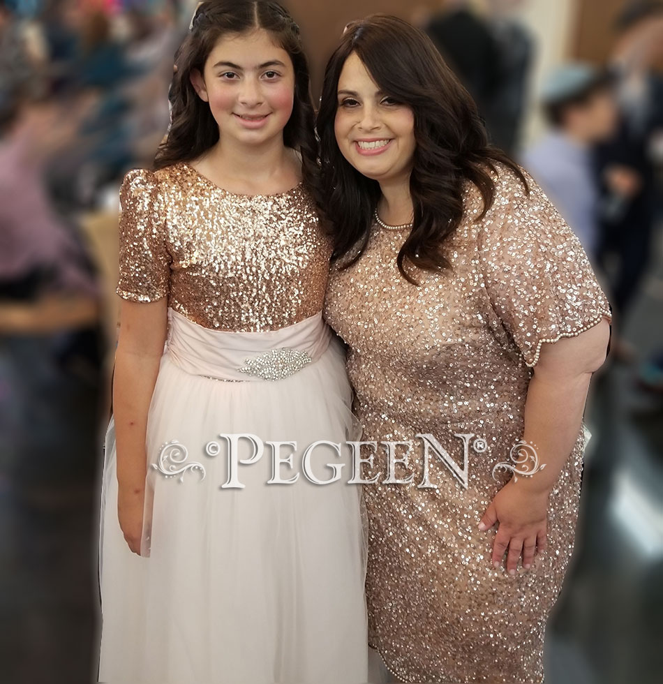 Bat Mitzvah Dress with Rhinestone Trim and Rose Gold Sequins