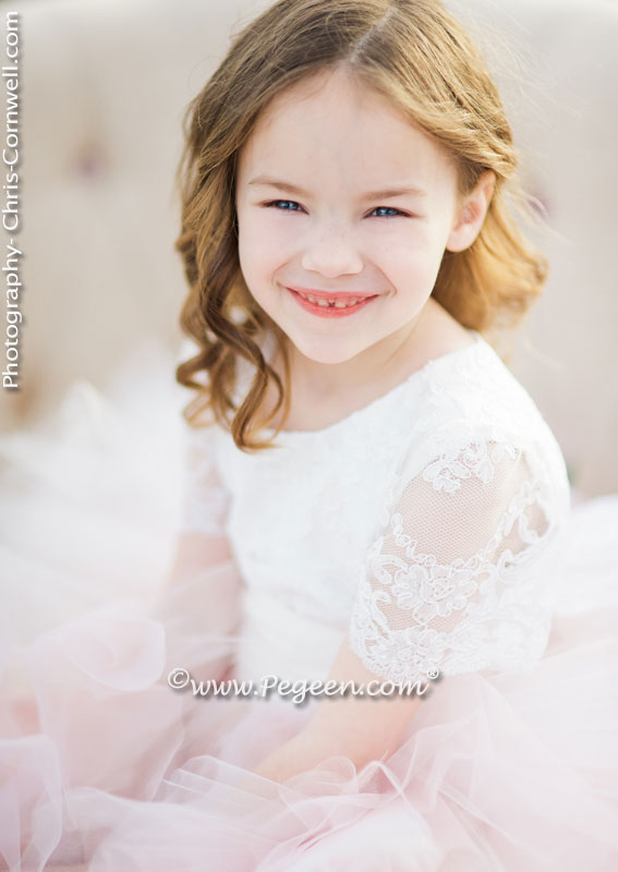 Couture pink and white silk flower girl dress Pegeen Couture Style 921