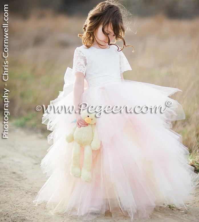 Couture pink and white silk flower girl dress Pegeen Couture Style 921