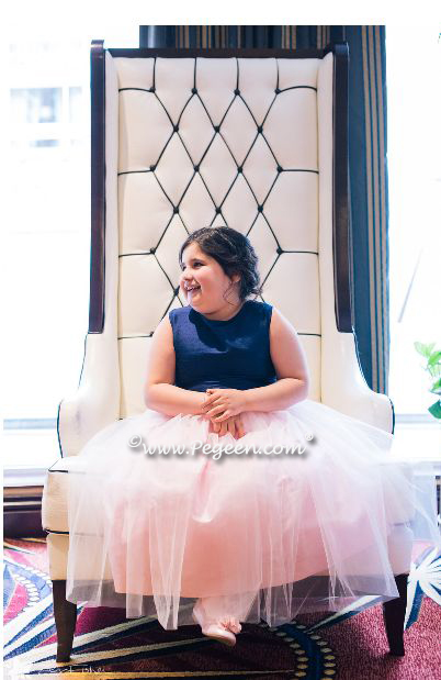 Navy and Pink Silk and Tulle Flower Girl Dress - Pegeen Style 356