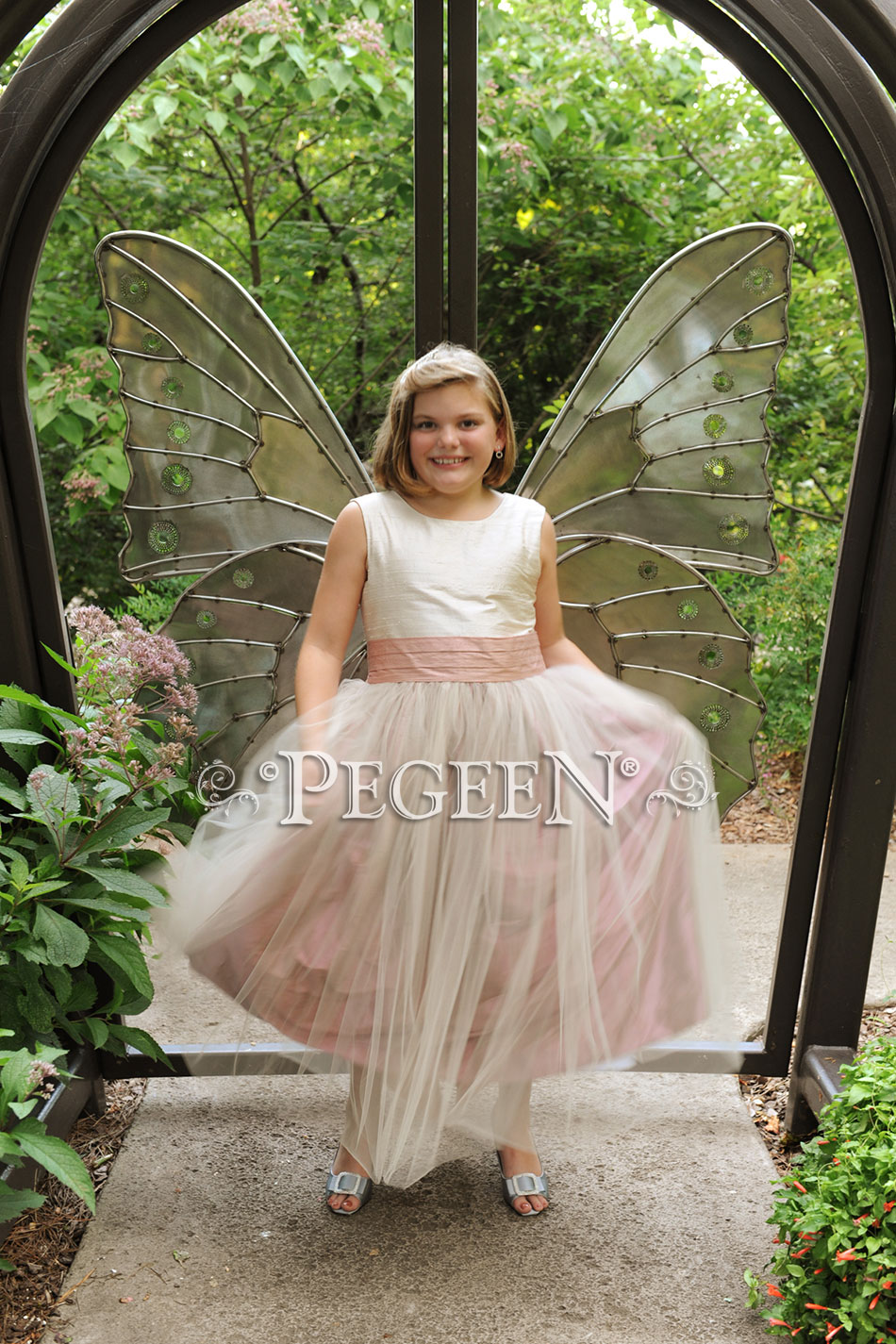 Silk and tulle flower girl dress in rum pink and ivory