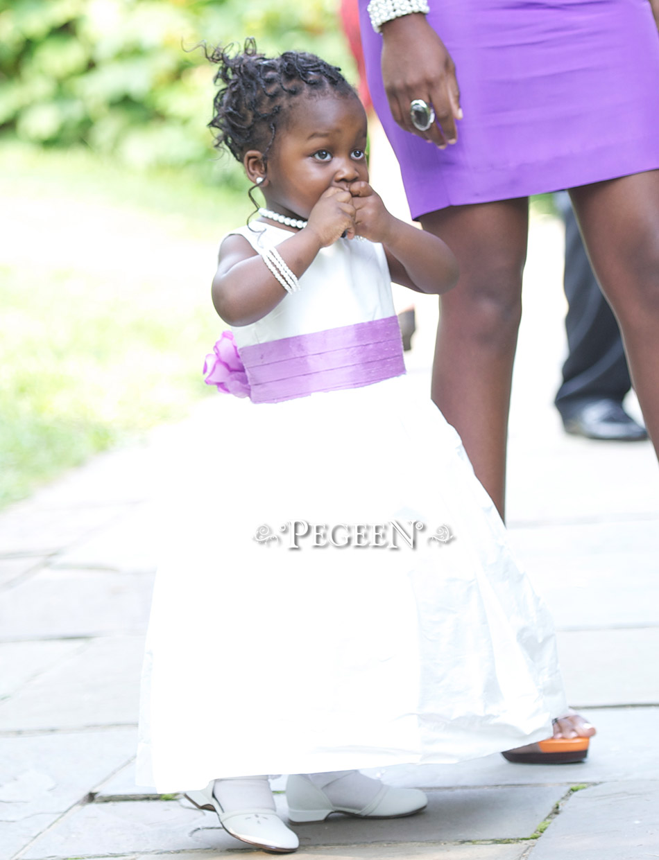 Purple and White toddler silk flower girl dresses