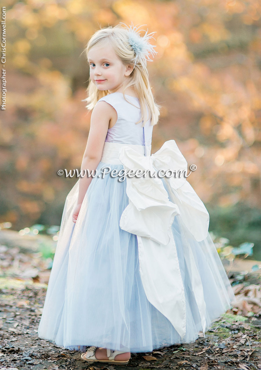 Cloud Blue and White Flower Girl Dresses with layers and layers of tulle Style 402