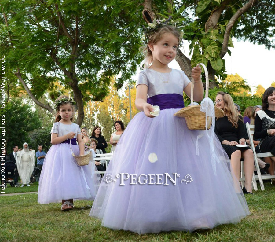 Plum and lavender wedding in silk and tulle flower girl dresses