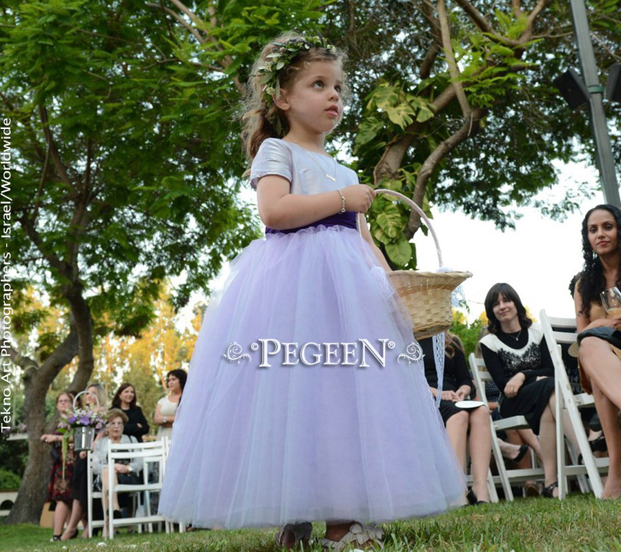 Layered Lavender and Peri Silk Tulle Flower Girl Dress and Plum Sashes