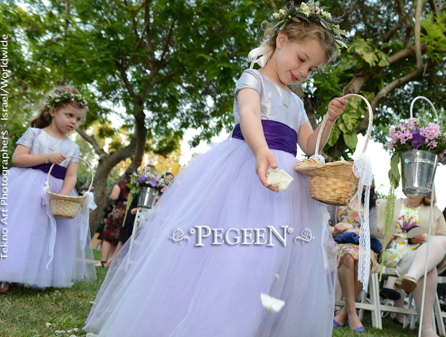 Layered Lavender and Peri Silk Tulle Flower Girl Dress and Plum Sashes