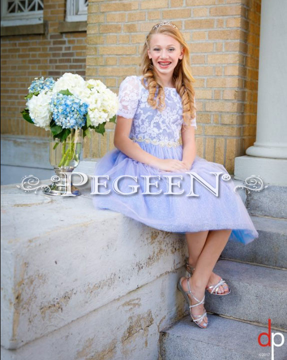 Periwinkle, Lace and Rhinestone Bling tulle jr. bridesmaids dress