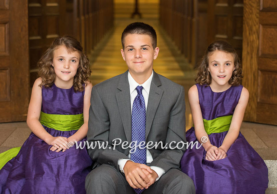 Grass Green and Grape (Purple) Flower Girl Dresses in Silk Style 398