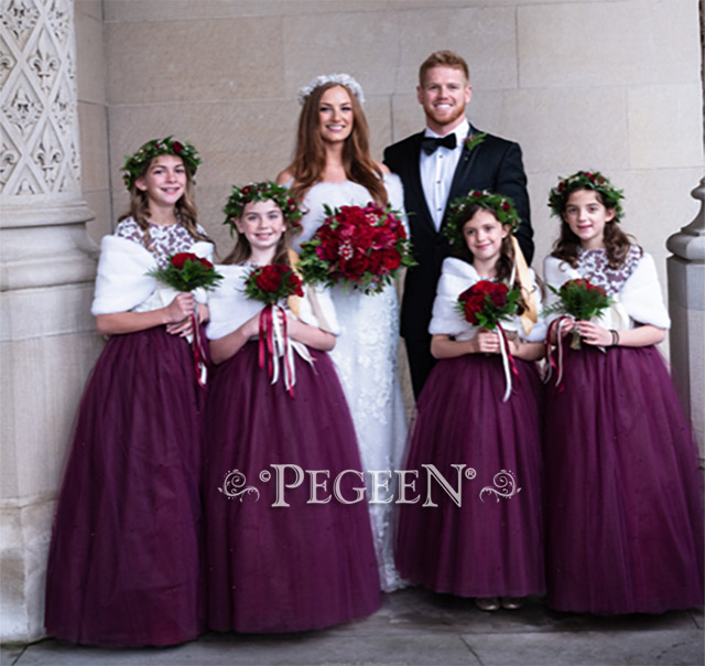Burgundy silk, tulle and lace flower girl dress