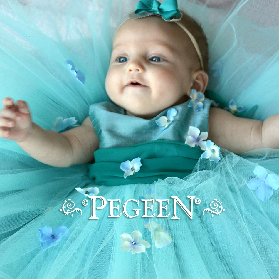 Infant Dress with Teal Accents and Flowers Style 811