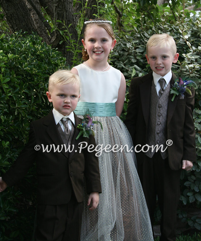 Silk flower girl dresses in Chocolate and Tiffany silk with gold glitter tulle Style 372