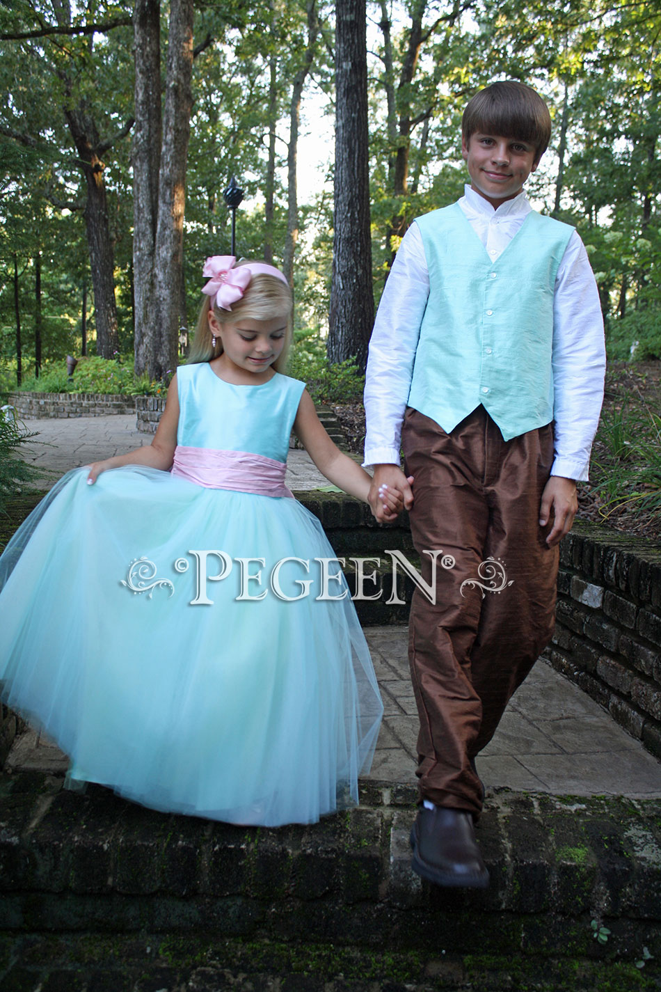 Custom silk flower girl dresses in pond blue abd hibiscus pink