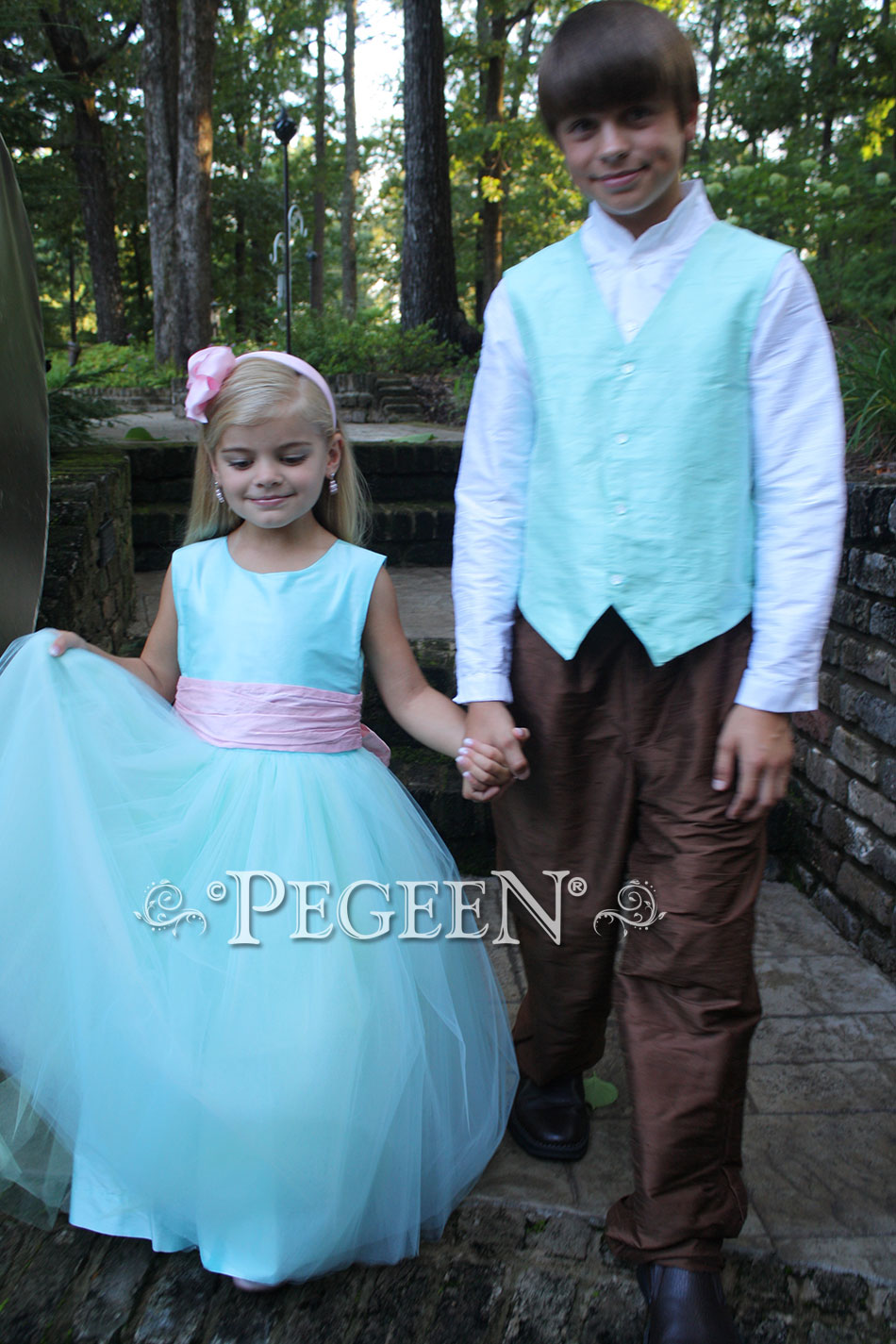 Custom silk flower girl dresses in pond blue abd hibiscus pink