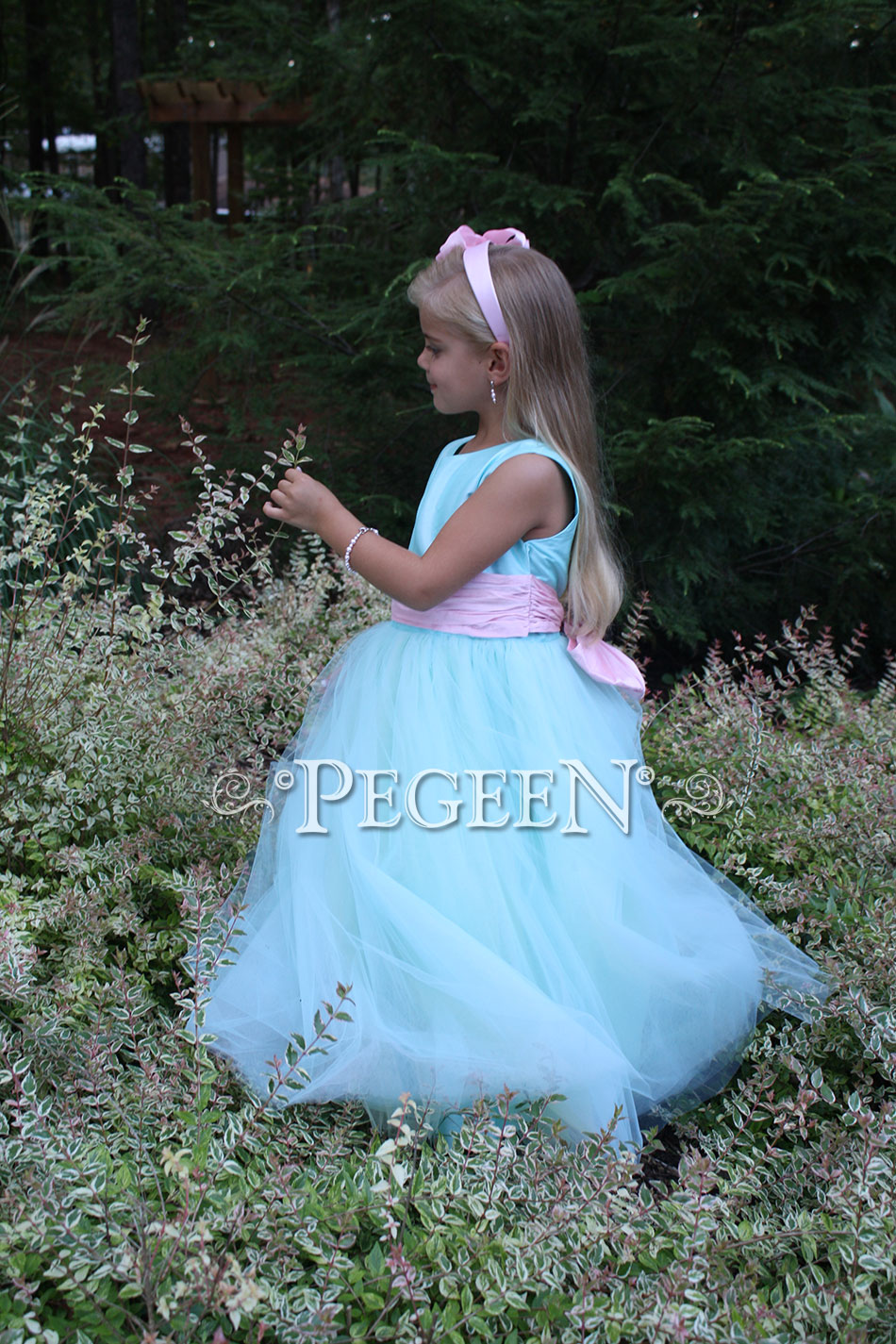 Custom silk flower girl dresses in pond blue abd hibiscus pink