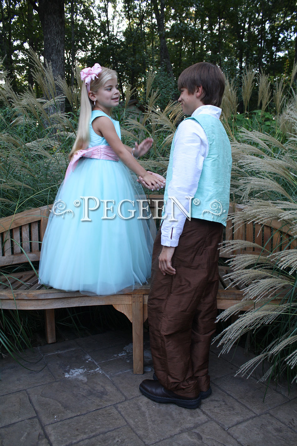 Custom silk flower girl dresses in pond blue abd hibiscus pink