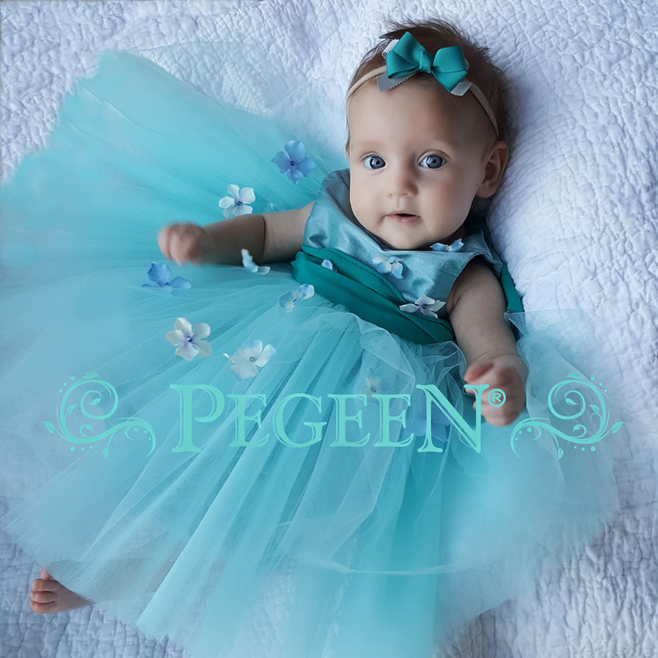 Tiffany blue and Bermuda Green Silk and Tulle flower girl dress
