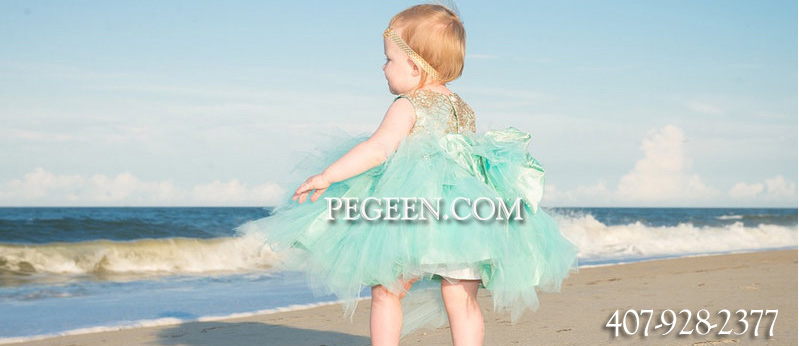 FLOWER GIRL DRESSES in gold sequins and tiffany blue silk and tulle for Infants, Toddlers and 4-16
